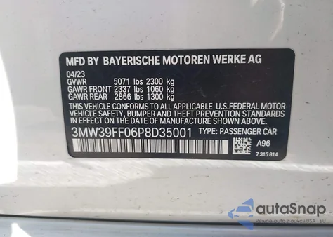 2023 BMW 3 Series 330E из США, поврежденный, VIN 3MW39FF06P8D35001